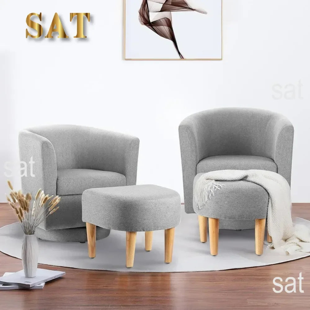 Chair Set of 2, Modern Swivel Chair with Ottoman, Comfy Armchair, Barrel Round Sofa Chair for Bedroom, Green