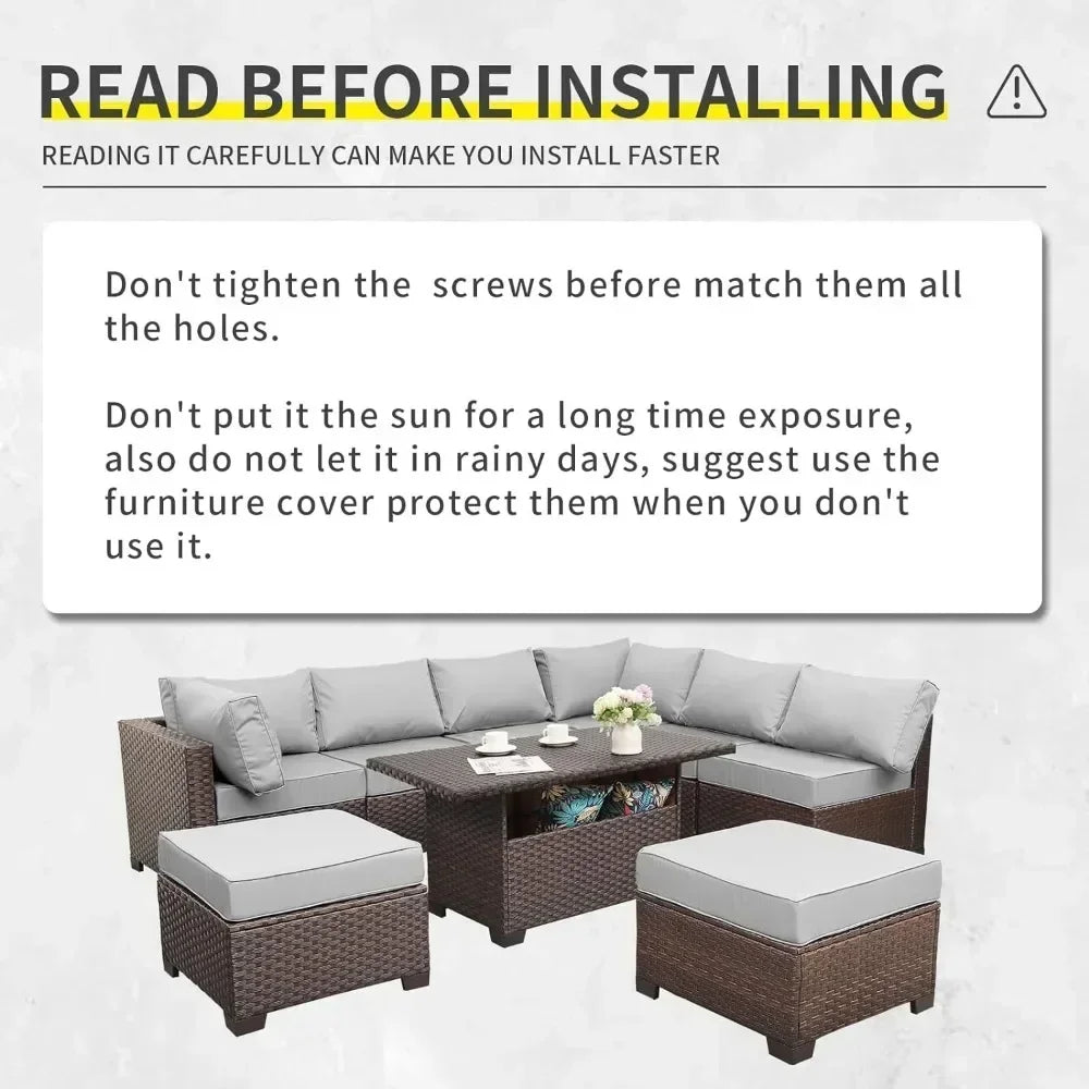 /-Patio Furniture 9 Piec Set with Cushions and 45” Gas fire Pit Table, Outdoor PE Rattan Sectional Conversation Sofa Set
