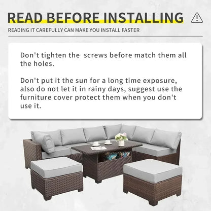 /-Patio Furniture 9 Piec Set with Cushions and 45” Gas fire Pit Table, Outdoor PE Rattan Sectional Conversation Sofa Set