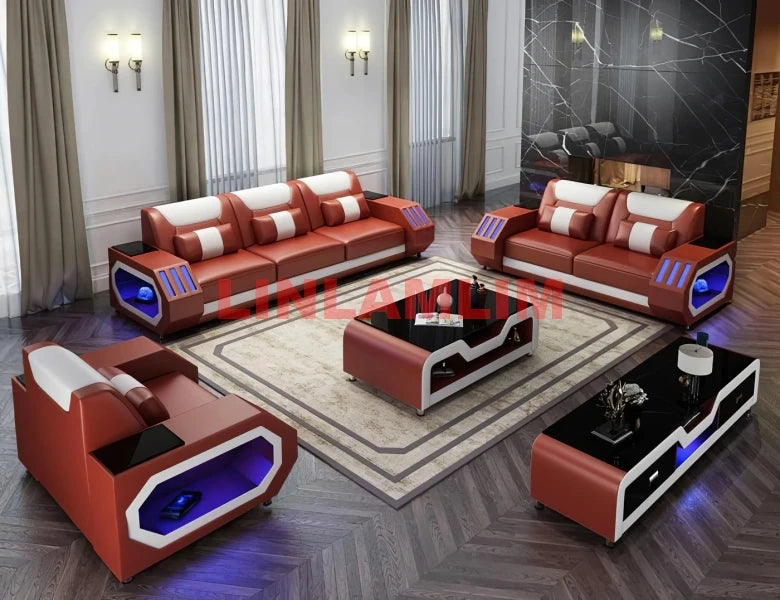 Leather Sofa Set with LED Light Living Room Furniture Couch Sofas Modernos Para Sala Grandes Sofás with USB Charging,Tabl