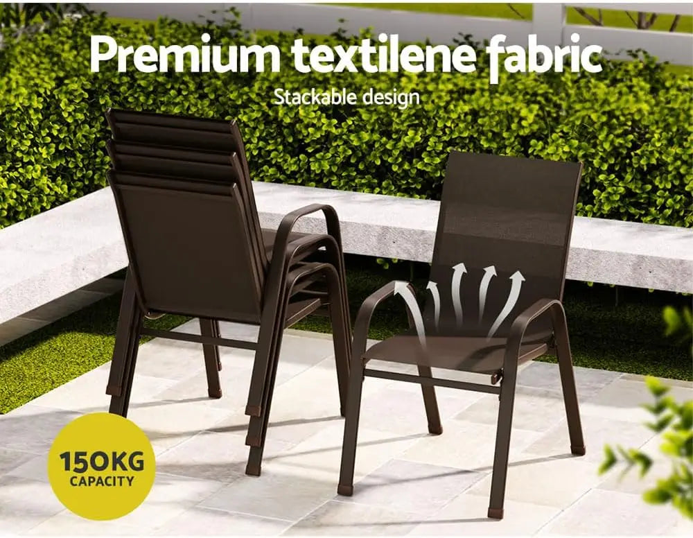 Set of 6 Outdoor Dining Chairs Stackable Patio Deck Chair, Lounge Garden Furniture Seating Backyard Indoor, Steel Textile Fabri
