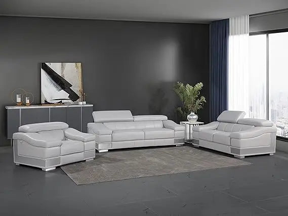Modern Contemporary Top Grain Italian Leather Living Room Chair, Loveseat, Sofa, 3-Piece Set, Rhino