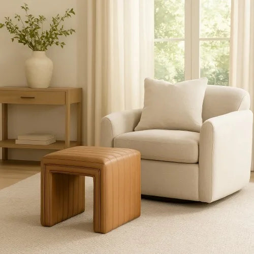 Footstool Ottoman, Channel Tuft Caramel Brown Faux Leather 19 Inch