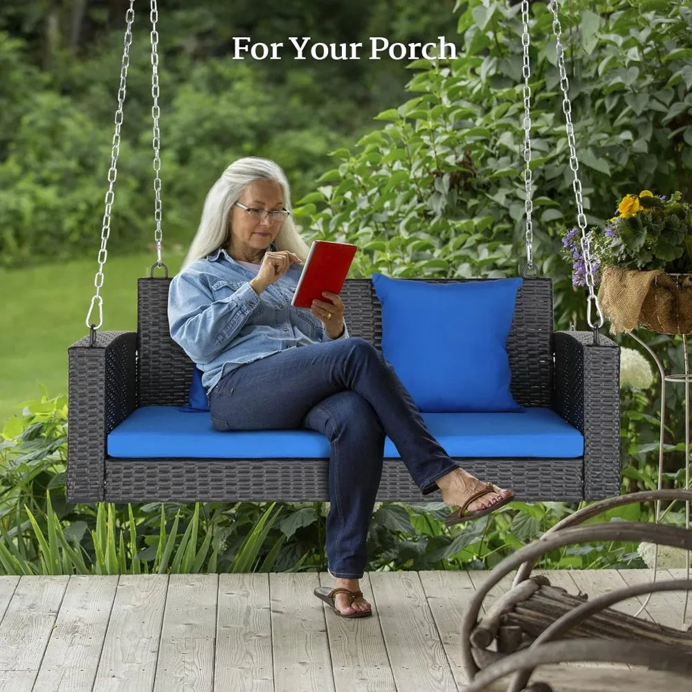 Rattan Porch Swing, Heavy Duty 800 LBS Outdoor Hanging Seat with Extra Cushion and Adjustable Chain, The Porch Swing Seat
