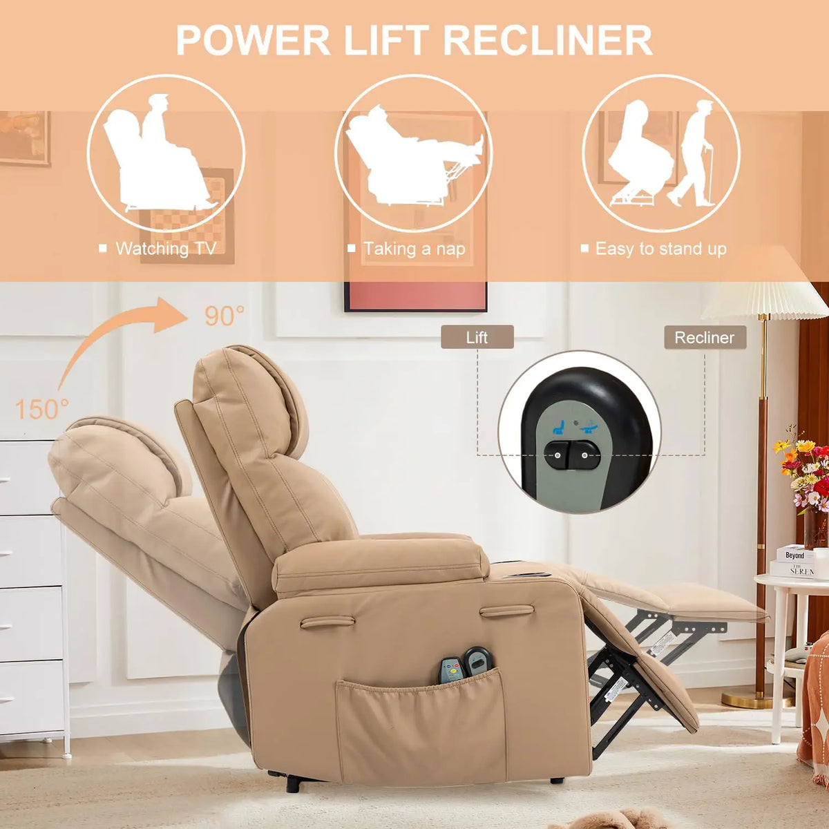 Dual Motor Power Lift Recliner for Elderly Adults with Heat Massage Lay Flat Feature Wireless Remote Cup Holder Customizable