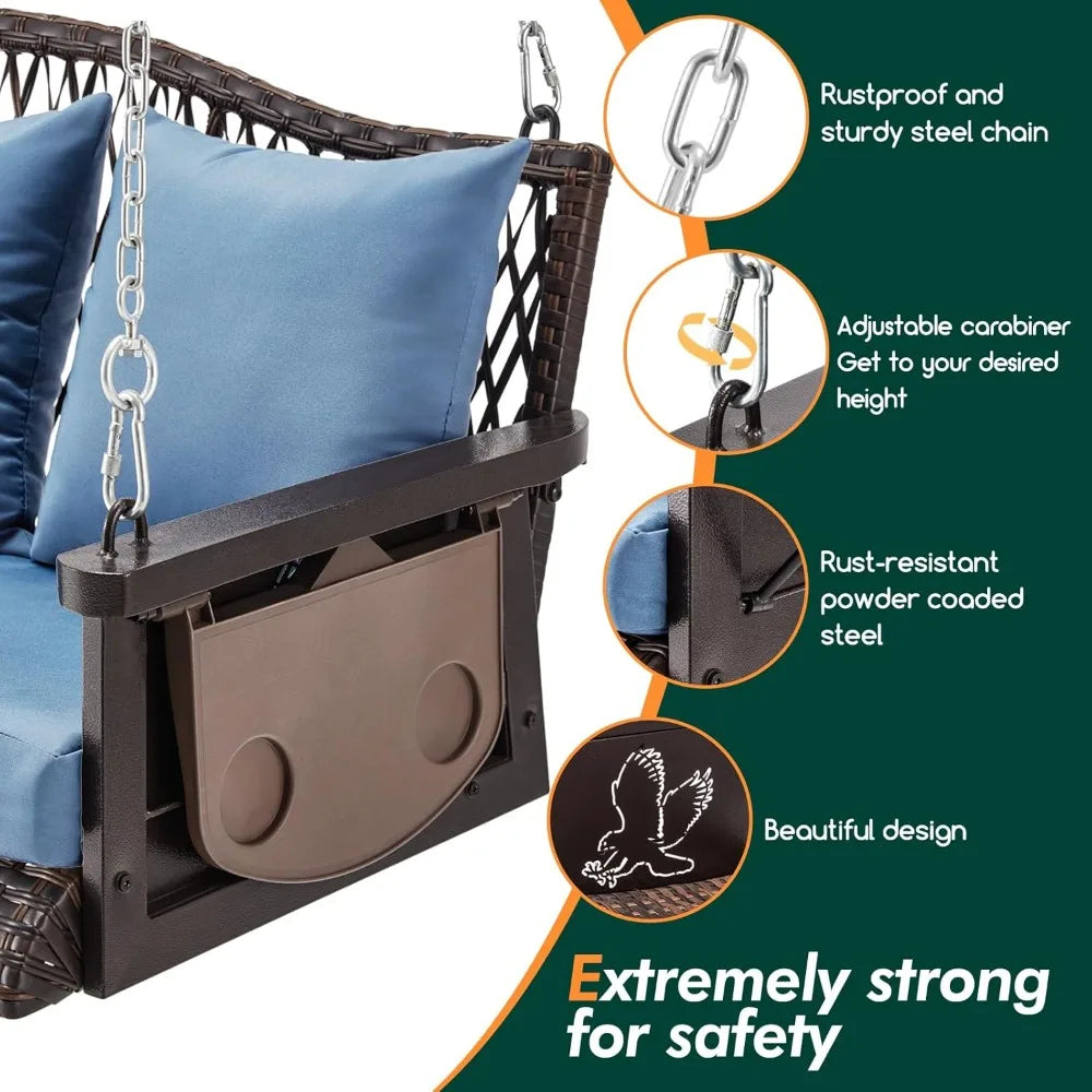 Upgraded Wicker Hanging Porch Swing, Heavy Duty 900 LBS 3-Seat Outdoor Patio Swing Chair Bench, for Adult w/ 8.9ft Hanging Chain