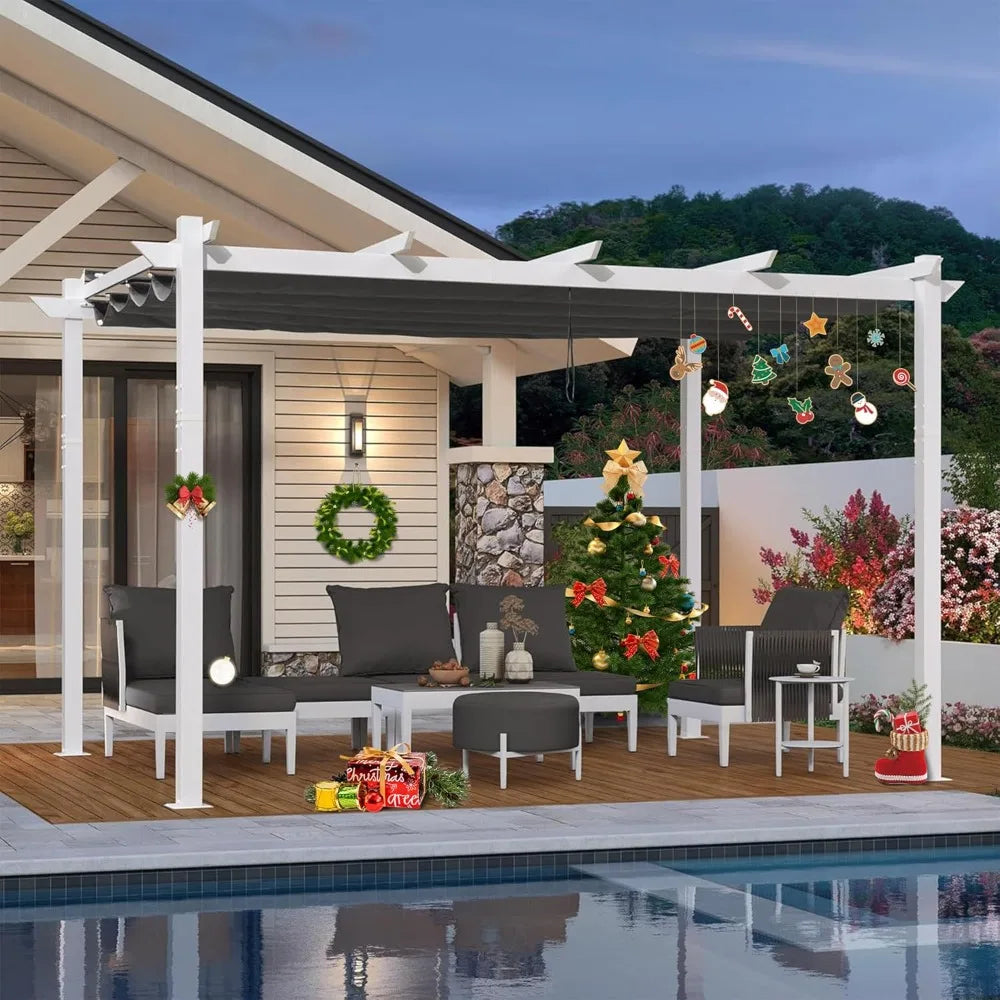 10' x 13' Outdoor Aluminum Pergola White Heavy-Duty Retractable Pergola Patio Metal with Double Sun Shade Canopy for Gardens De