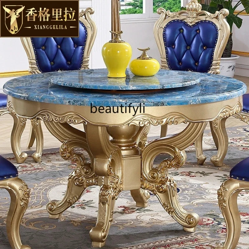 A55 European dining table andchairs American marble round table with turntable solid wood carving flower luxury champagne gold r