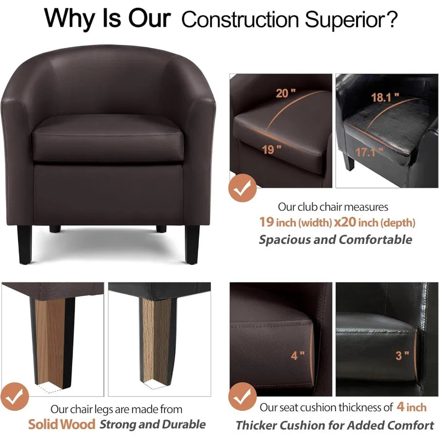 Modern Leather Club Chair with Faux Leather Upholstery and Wooden Legs Padded Seat Comfort Design Ideal for Living Room Bedroom