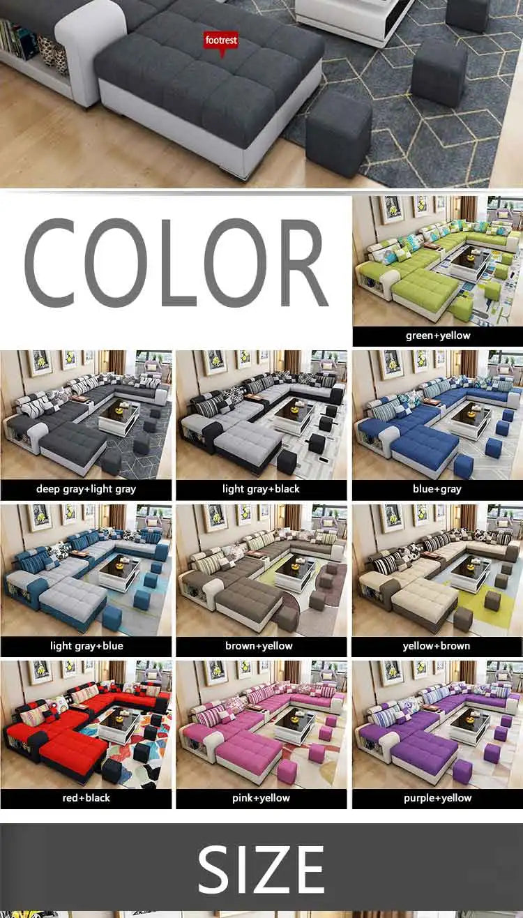 Modern Fabric Sofa Set Furniture Living Room Sofa Set with USB and Stools U Shape Cloth Couch Sofas for Home Furniture 1903