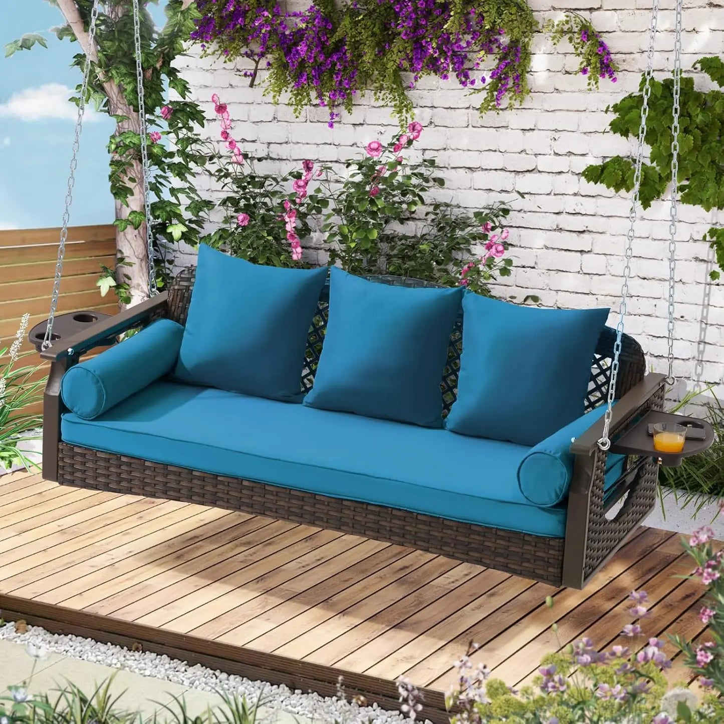 3 Seat Porch Swing, Wicker Patio Swing with Cup Holders & 3 Back Cushions, Yard Swing with Chains for Deck Garden Backyard