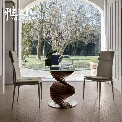 cc182l Italian minimalist curved design tempered glass round table solid wood special-shaped creative rotating ladder dining tab
