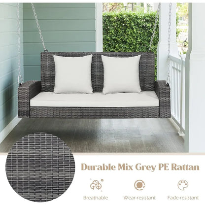 Outdoor Porch Swing Bench, 2-Person Hanging Swing Bench with Heavy Duty Frame, Patio Wicker Hanging Swing with Rustpr