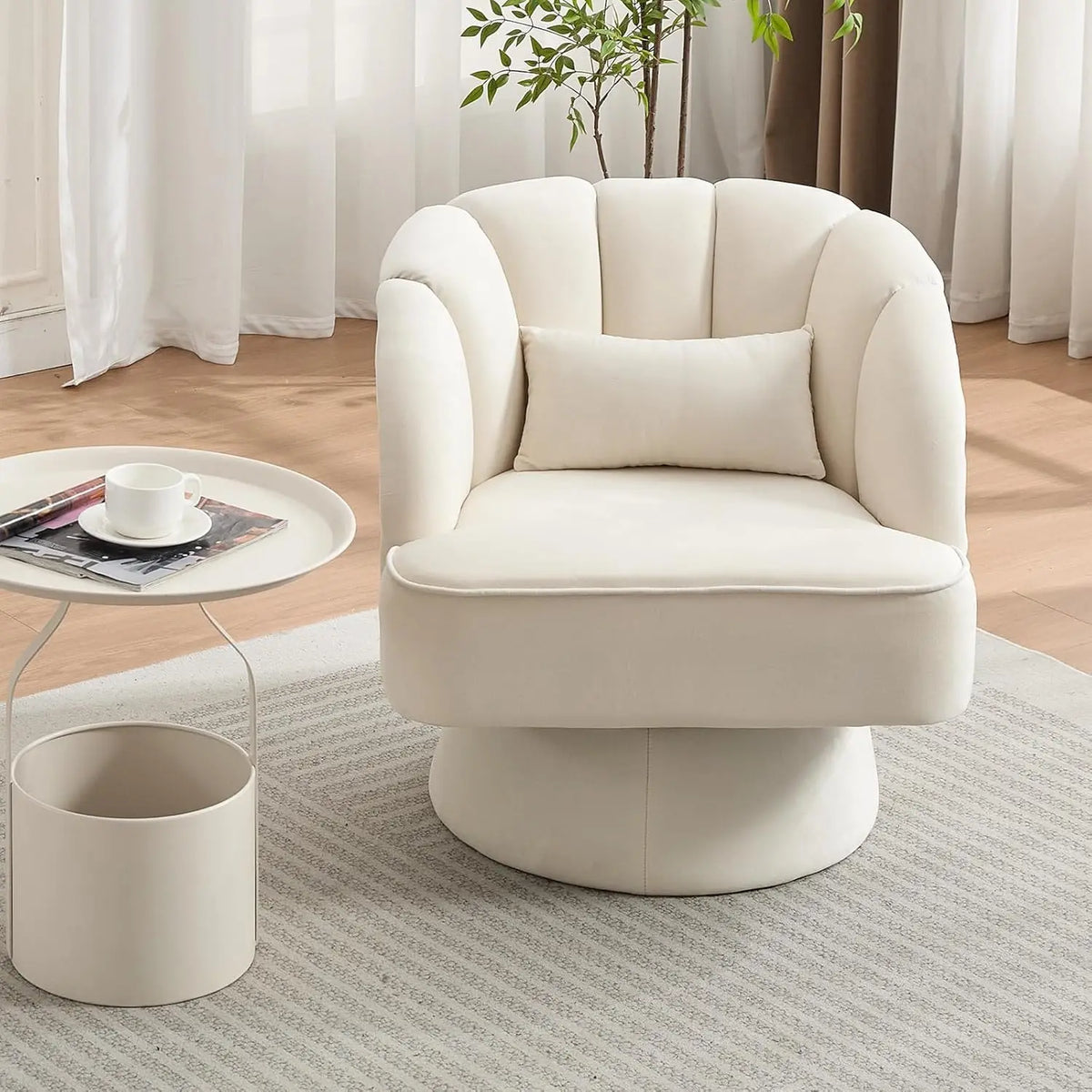 360° Swivel Barrel Accent Chair Modern Round Armchair with Striped Backrest & Plush Padding Velvet Fabric Upholstered Armchair