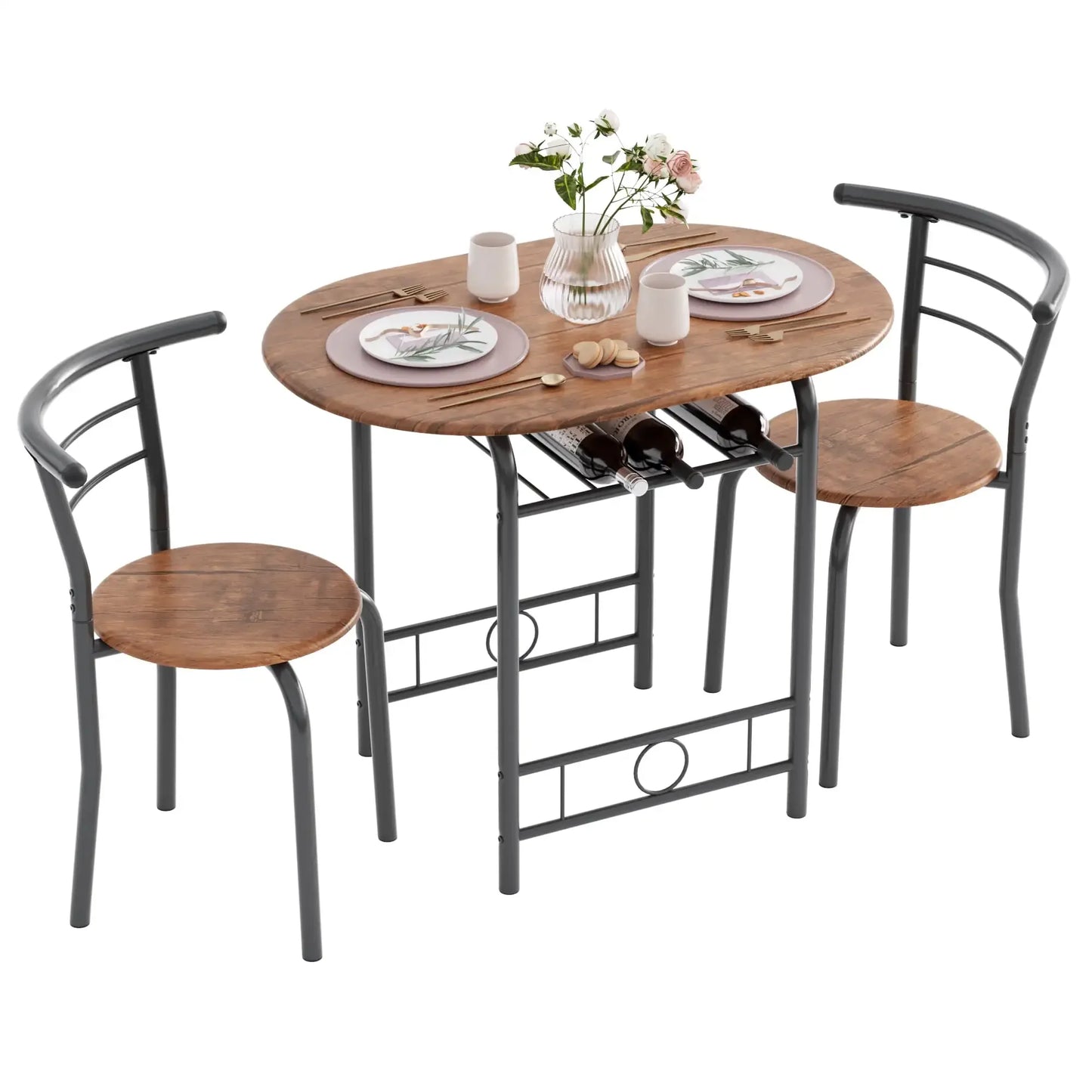 Vineego 3-Piece Small Kitchen Dining Set for 2 Black Wooden Table And Chairs Space Saving Breakfast Set