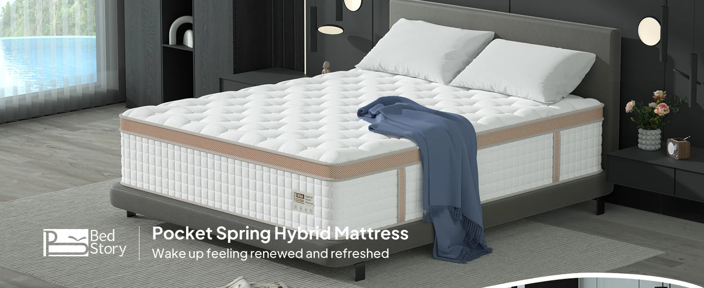 BedStory 14'' Full/King/Queen Size Mattress, Luxury Hybrid Mattress, Gel Memory Foam & Pocket Springs, Manufactured in USA
