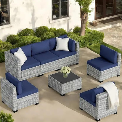 7PCS Handwoven Patio Rattan Furniture Set Sectional Sofa Garden Cushion Conversation Sets