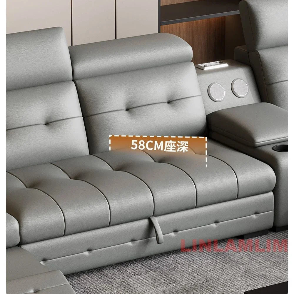 Electric Reclining Sectional Sofa Bed with Cup Holder & Adjustable Headrests – Italian Genuine Leather Convertible Sleeper Couch