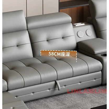 Electric Reclining Sectional Sofa Bed with Cup Holder & Adjustable Headrests – Italian Genuine Leather Convertible Sleeper Couch