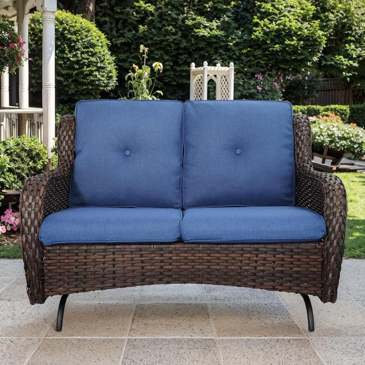 Patio Loveseat Wicker Loveseat Rattan Glider Sofa with Curved Armrest Thicking Back & Seat Cushions for Garden Balcony Backyard