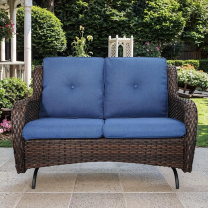 Patio Loveseat Wicker Loveseat Rattan Glider Sofa with Curved Armrest Thicking Back & Seat Cushions for Garden Balcony Backyard