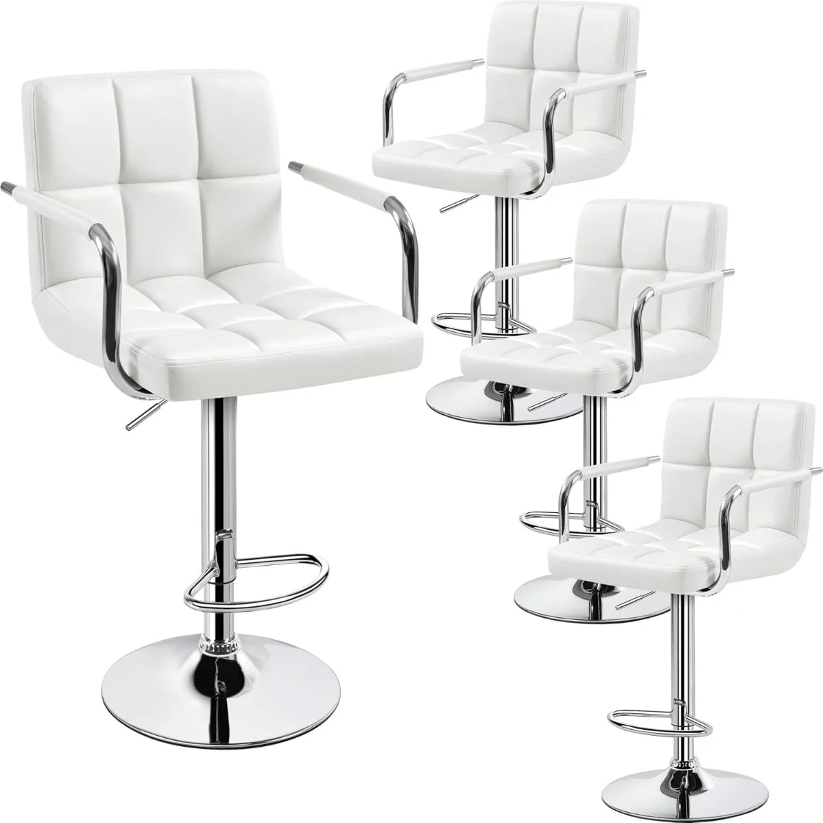 Lot de 2 tabourets de bar pivotants réglables, hauteur de comptoir hydraulique avec accoudoirs et dossier, cuir PU pour cuisine et bar, blanc