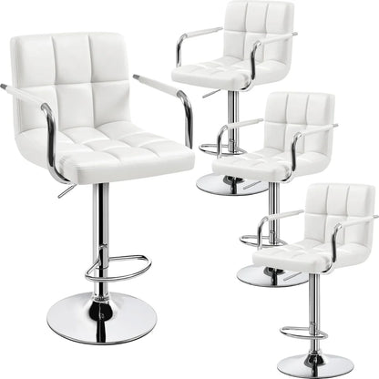 Lot de 2 tabourets de bar pivotants réglables, hauteur de comptoir hydraulique avec accoudoirs et dossier, cuir PU pour cuisine et bar, blanc