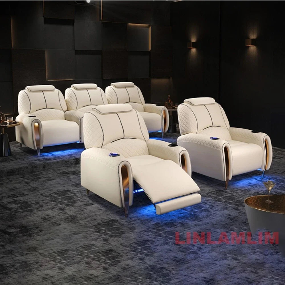 Luxury Electric Recliner Theater Seating Sofa – Modern Home Theater Chairs with LED Lighting, USB, Massage, Cooling Cup Holder