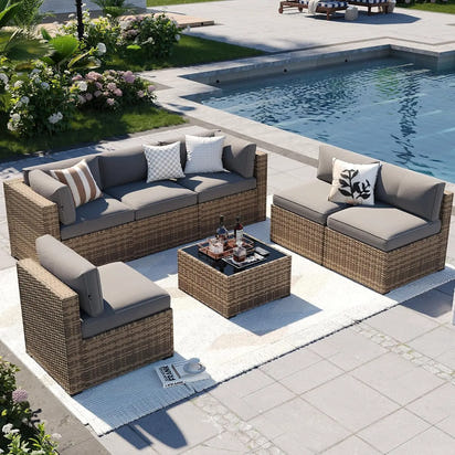 Patio Furniture Sets, 7-Piece Outdoor Patio Furniture with Thick Cushions, Wicker Outdoor Conversation Set Sectional Sofa for B
