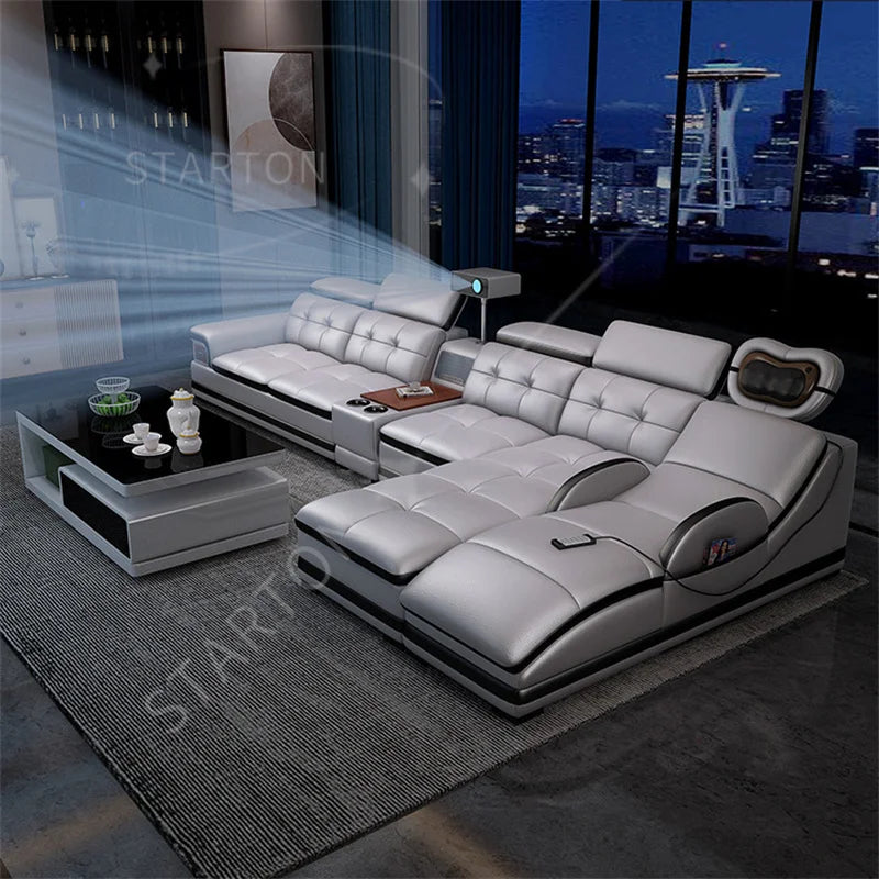 Sofa Modern Living Room Sofas Massage Leather Living Room First Layer Cowhide Intelligent Multifunctional Mobile Phone Charging