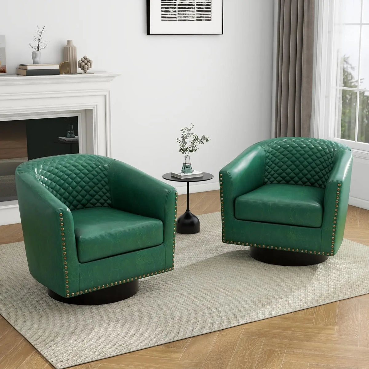 Faux Leather Barrel Accent Chairs Set of 2, Round Club Chair Modern Upholstered Armchair for Living Room, Comfy Nailed Trim Arm