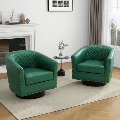 Faux Leather Barrel Accent Chairs Set of 2, Round Club Chair Modern Upholstered Armchair for Living Room, Comfy Nailed Trim Arm
