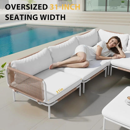 4 Piece Modern Outdoor Sectional Sofa, 31" Oversized Patio Furniture Set with Olefin Woven Rope, Weather-Resistant, Customized