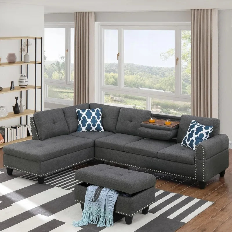 Modular Sectional Sofa Set with Coffee Table, 4-Seat L-Shaped Couch with Storage for Home Office