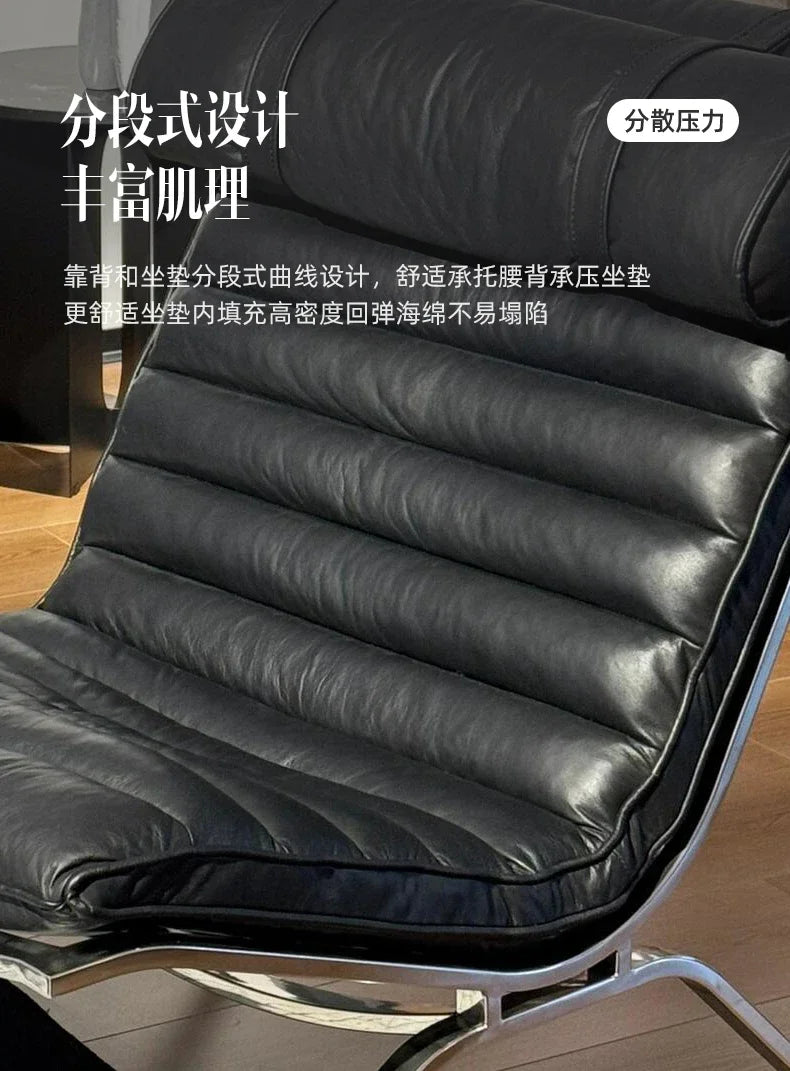 Mid-Century Modern Leather Lounge Chair, Minimalist Accent Leisure Chair with Chrome Metal Base, Retro Style for Living Room