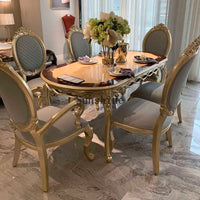 European solid wood oval rectangular dining table and chairs combination luxury restaurant French 6 people gold foil