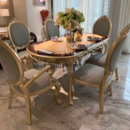 European solid wood oval rectangular dining table and chairs combination luxury restaurant French 6 people gold foil
