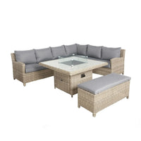 -Patio Furniture L Shape Wicker Lounge Set Garden Corner Sofa Sets With Firepit Table Outdoor Rattan Dining Table And Chair