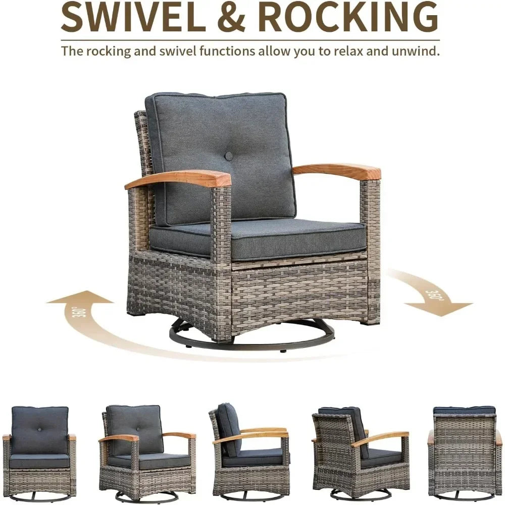 A  6 Pieces Outdoor Rattan Furniture Sets with 2 Wood Armrests Swivel Rocker Chairs, 2 Ottoman, 3-Seat Sofa and Coffee Table