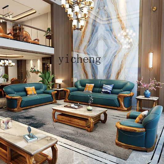 TQQ new Chinese ebony sofa villa large flat solid wood sofa high-end living room furniture leather sofa