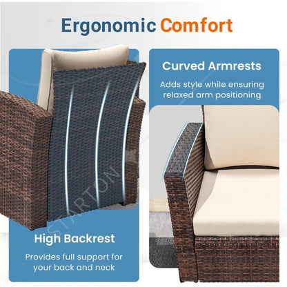 Outdoor Patio Furniture Set，4-Piece Wicker Conversation Set with Brown Rattan Sofa and Cushions for Deck or Porch
