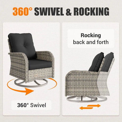 Outdoor Wicker Swivel Rocking Chair Patio Furniture Set with Tempered Glass Table for Garden Bistro