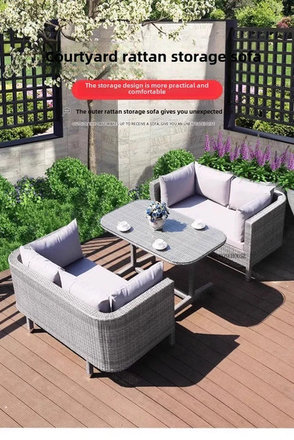 European Outdoor Garden Sofas Leisure PE Rattan Garden Terrace Sofa Chair Set Courtyard Balcony Double Sofa Outdoor Furniture AA