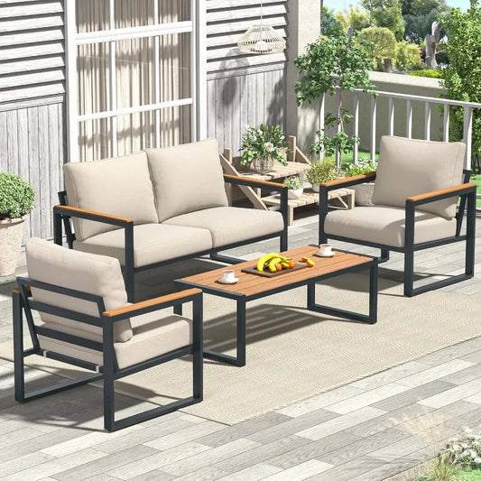 Patio Furniture Set, 4 Pieces Outdoor Patio Furniture with Coffee Table Set, Metal Patio Conversation Sets with Washable and