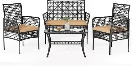 4 Piece Patio Furniture Set, Outdoor Wicker Chairs Rattan Conversation Sets with Cushions and Glass Coffee Table for Porch Garde
