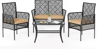4 Piece Patio Furniture Set, Outdoor Wicker Chairs Rattan Conversation Sets with Cushions and Glass Coffee Table for Porch Garde