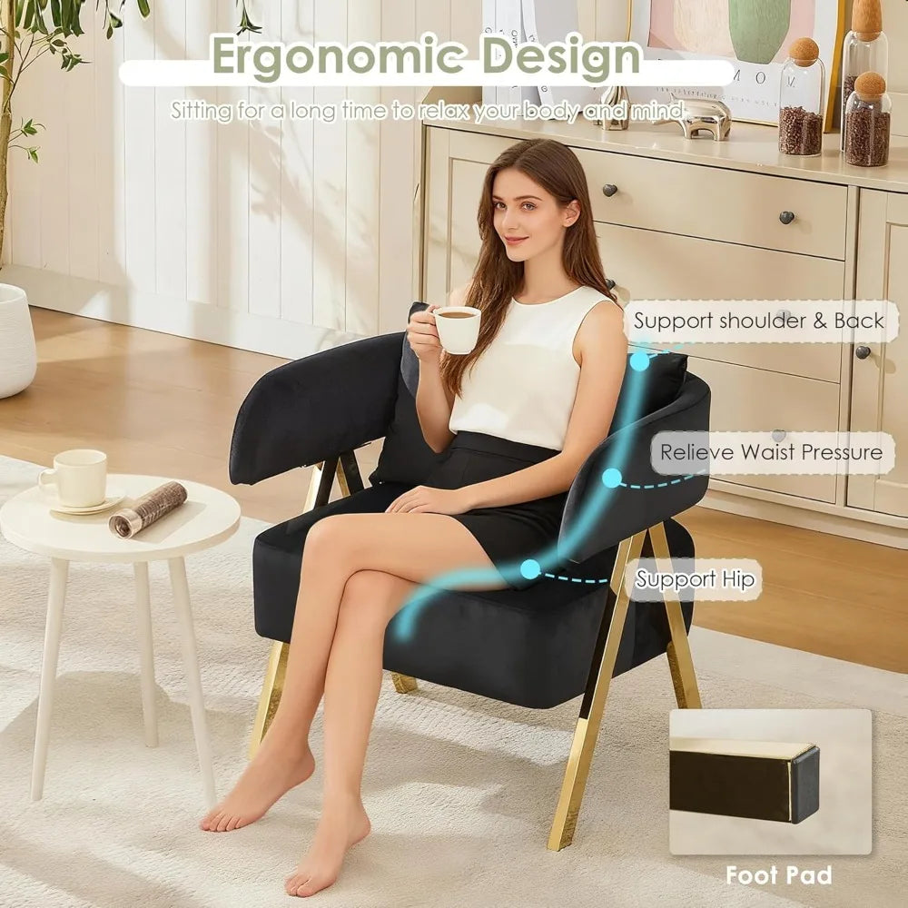 Modern Black and Gold Accent Chairs Set of 2, Velvet Barrel Accent Chair for Living Room Bedroom, Comfy Reading Armchair