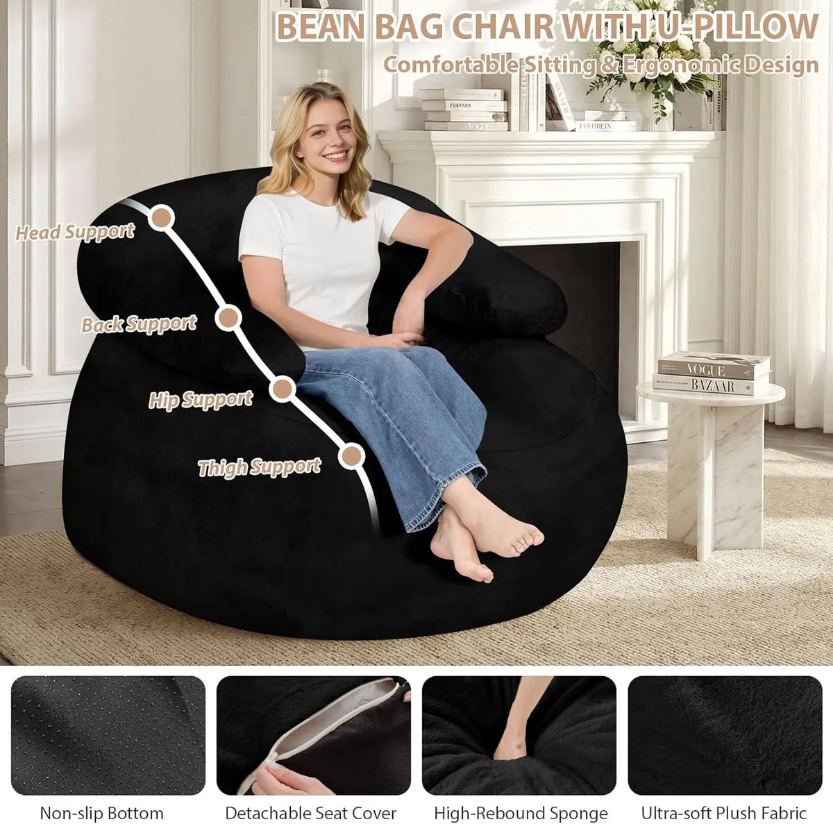 Oversized Bean Bag Sofa with Filler, Ultra Soft Faux Fur Floor Chair for Gaming and Reading, Black