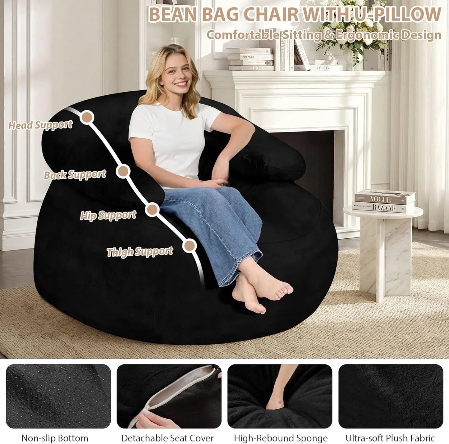 Oversized Bean Bag Sofa with Filler, Ultra Soft Faux Fur Floor Chair for Gaming and Reading, Black