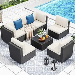 7-Piece Outdoor Patio Furniture Set, Sectional Sofa with PE Rattan Wicker, Conversation Area with Table and Cushions
